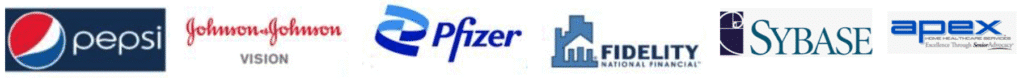 Logos of organizations that have hired keynote speaker Snowden McFall: Fidelity National Financial, Johnson and Johnson Vision, Pepsi, Apex Home Healthcare Services, Sybase, and Pfizer.